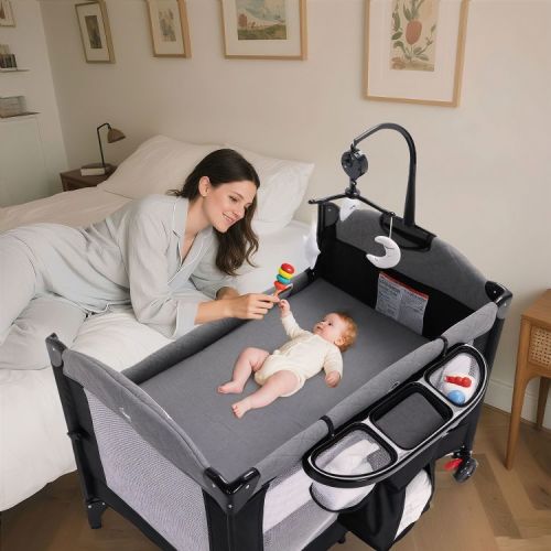 Kinder King 4-in-1 Portable Baby Playard and Bedside Crib with Bassinet, Changing Table, Storage Basket, Side Zipper & Travel Bag