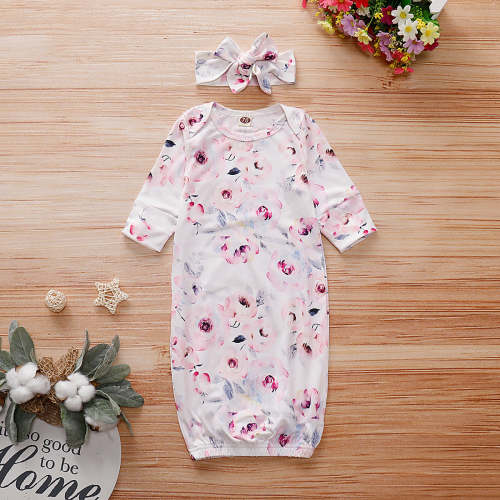 2PCS Baby NewBorn Lovely Floral Print Pajamas and Headband