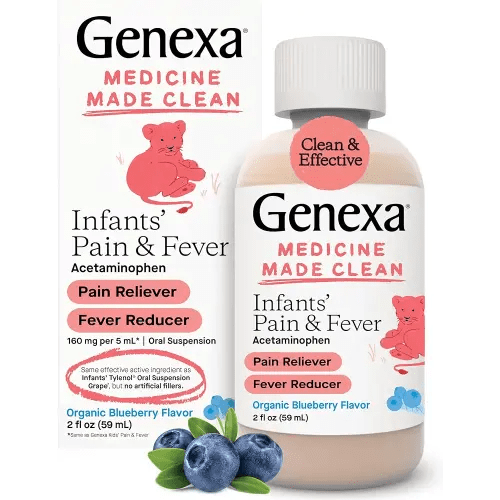 Genexa Infants’ Pain and Fever Reducer | Baby Acetaminophen, Dye Free, Liquid Oral Suspension Medicine for Infant | Delicious Organic Blueberry Flavor | 160 mg per 5mL | 2 Fluid Ounces