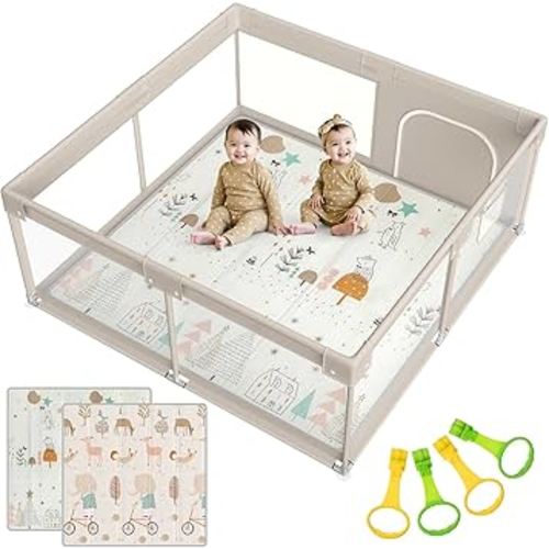 mloong Baby Playpen with Mat, 59x59x27 Inches Extra Large Play Yard for Babies and Toddlers, Indoor & Outdoor Activity Center Play Pens, Safety Baby Fence