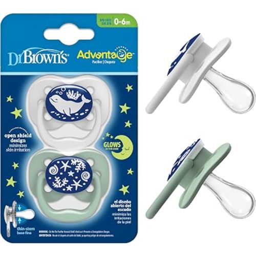 Dr. Brown's Advantage Glow-in-The-Dark Baby Pacifier, Fully Symmetrical Soother with Soft Silicone Bulb, Blue Ocean, 0-6m, BPA Free, 2 Pack