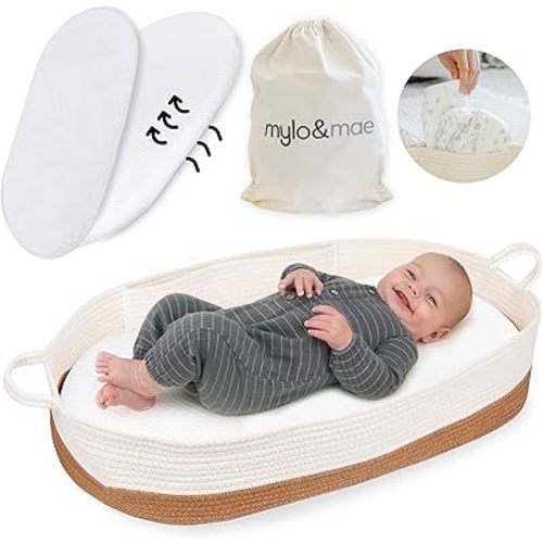 Baby Changing Basket - Portable Cotton Rope Baby Moses Basket for Diaper Changes with Anti-Slip Base, Convenient Side Pockets, and Waterproof Baby Changing Pad, Changing Table Topper for Dresser