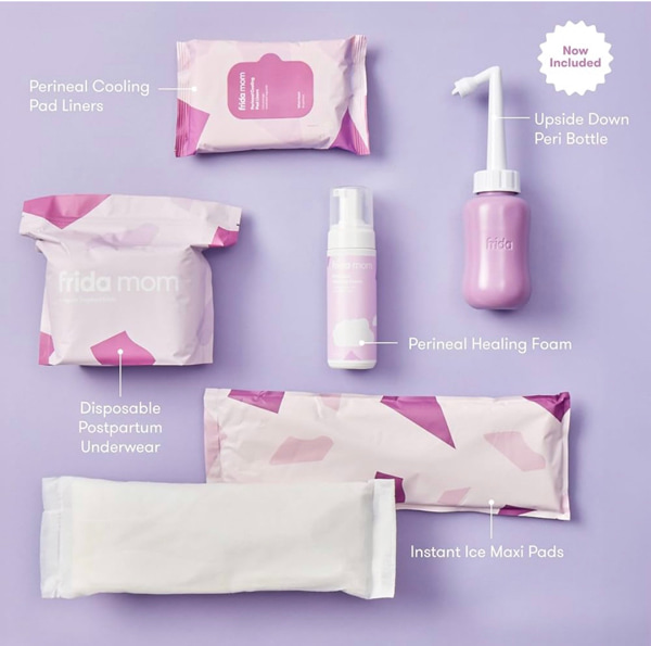 Frida Mom 11pc Postpartum Essentials Kit Gift Set, Hospital Bag Must Haves for New Mom, Includes 4 Disposable Postpartum Underwear, 4 Ice Maxi Pads, Perineal Healing Foam & 24 Pad Liners & Peri Bottle
