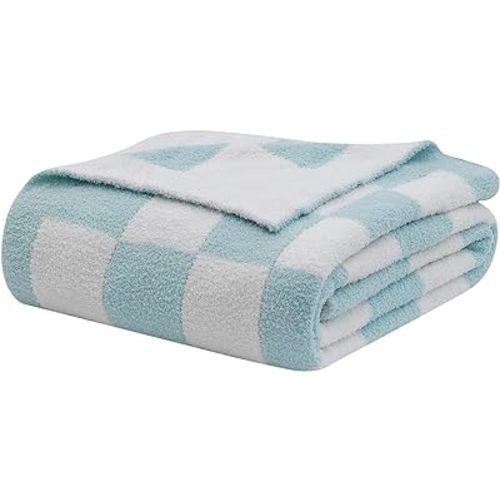 bearberry Fuzzy Checkerboard Grid Throw Blanket Soft Cozy Warm Microfiber All Season Blanket Decor for Couch Sofa Bed Travel Home (Baby Blue, 50''x60'')