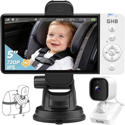 GHB Wireless Baby Car Camera 5" HD, 3500mAh Baby Monitor 2000mAh Camera Non WiFi, Temperature Alert, 720P Night Vision VOX Mode, 360° Rotatable Rear Facing Monitor Baby Essentials Gifts for Home Pets