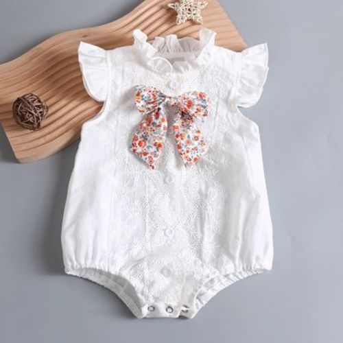 MyKids-USA Baby Girl Embroidery Pattern Round Neck Mullet Design Sleeveless Cardigan Onesies With Bow Decorations