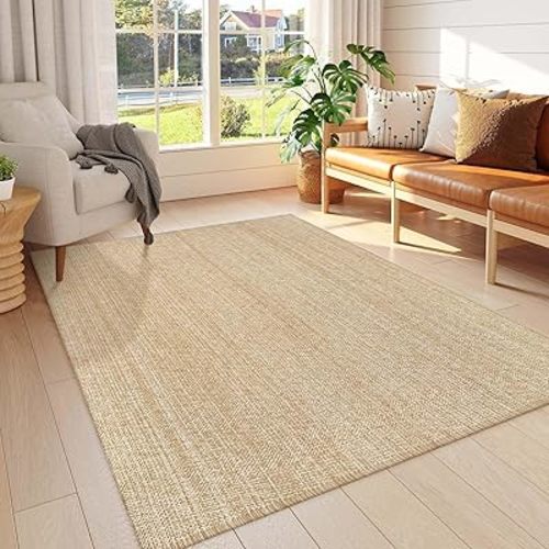LEEVAN Bohemian Area Rug, 5' x 8', Beige, Machine Washable, Flat Woven, Solid, Low Pile, Indoor, Nature/Moroccan Style, Kitchen, Bathroom, Living Room