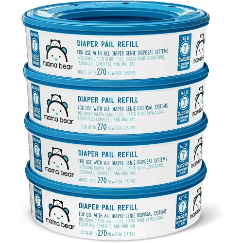 Amazon Brand - Mama Bear Diaper Pail Refills for Diaper Genie Pails, Unscented, 1080 Count (4 Packs of 270 Count)