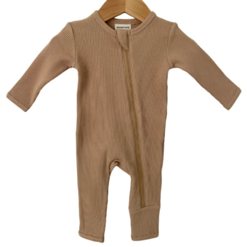 Waffle Basic Zip Romper - Tan