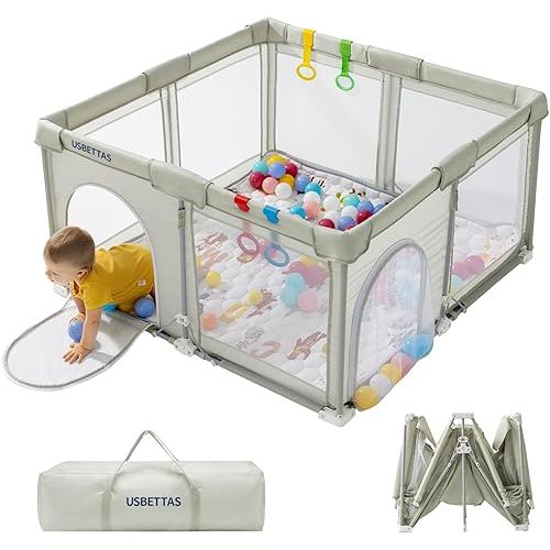 Foldable Baby Playpen, 1-Minute Setup, Lightweight Portable Playpen with Carry Bag, 50"x50" Indoor Outdoor Play Yard for Babies & Toddlers,Beige