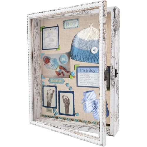 Shadow Box 13x16 Front Open with Hinge Beaded Designed Display Case with Linen Back, Picture Frame Wedding Bouquet Memorabilia Medals Photos Memory Box for Keepsakes White