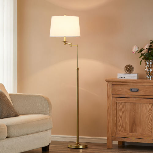 KAWOTI 64.5-in Gold Swing-arm Floor Lamp with Linen Shade