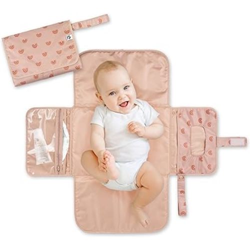Tiny Twinkle Portable Diaper Changing Pad - Foldable Waterproof Diaper Changing Mat for Travel, Baby Changing Station with Smart Wipes Pocket & Storage (Boho Rainbow)