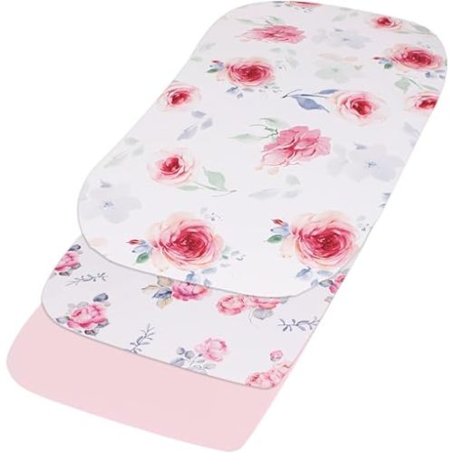 Belsden Pack of 3 Fitted Bassinet Sheet Set, Flexible Fit Various Bassinet, Adapts to Oval, Hourglasss and Rectangle Shaped Bassinet Pads, Cloudy Soft Washable, Floral Purple & Pink & Pink Rose