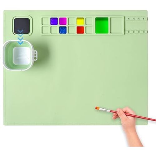 AWOKE Silicone Painting Mat - 20"X16" Silicone Art Mat with 1 Water Cup for Kids - Silcone Craft Mat has12 Color Dividers - 2 Paint Dividers (Green)