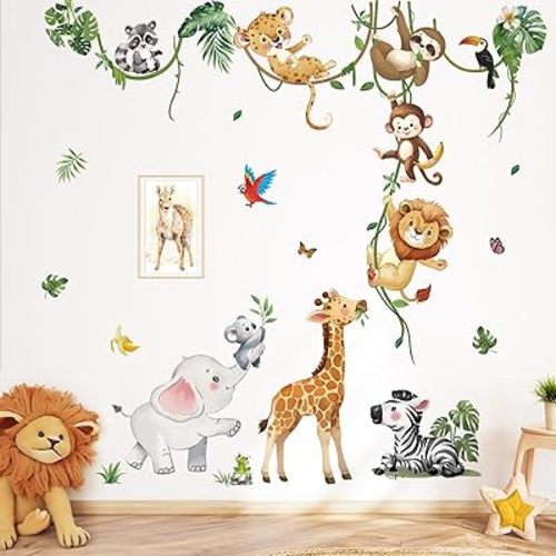 decalmile Safari Animals Wall Decals Jungle Animals Climbing Tree Giraffe Elephant Lion Wall Stickers Baby Nursery Kids Room Wall Decor