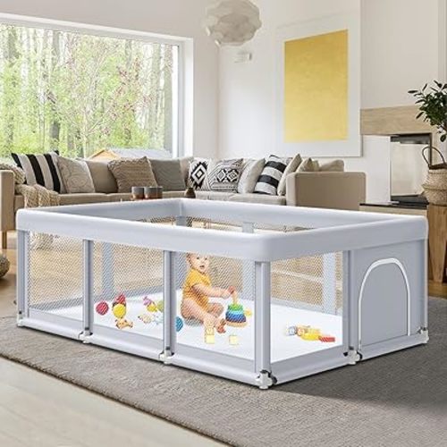 74" ×50" Large Baby Playpen, Baby Playard for Babies and Toddlers, Play Fence Play Pens for Indoor & Outdoor, Sturdy Safety Play Yard with Soft Breathable Mesh, Anti-Fall, Grey