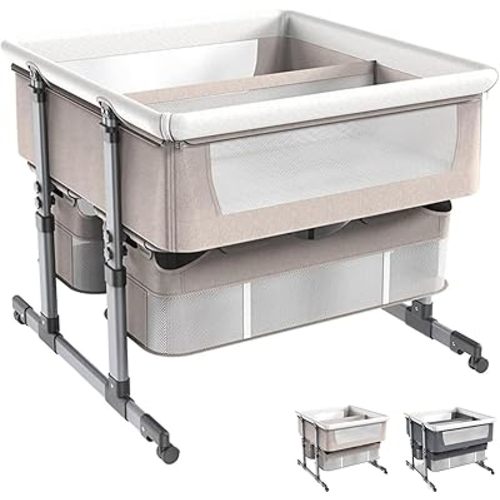 Twin Bassinet,Cosleeper Bassinet Bed Side Baby Bassinet with Storage Basket 6 Height Adjustable Anti-Emesis Side Sleeper Bassinet for Baby 1 to 36 Months Khaki