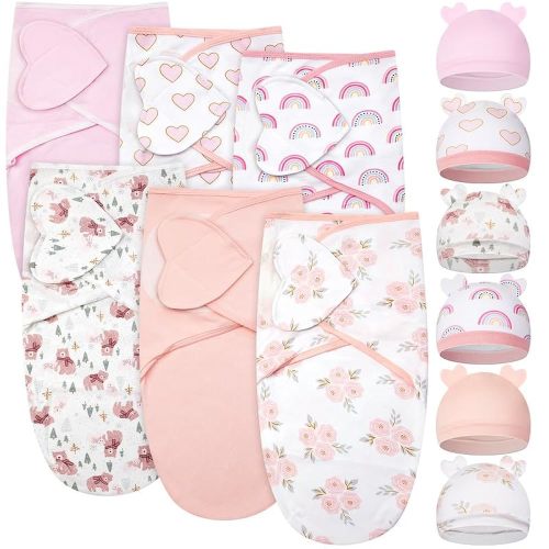 Ramede 6 Pack Baby Swaddle Blanket with Hats Sleep Swaddle for 0-3 Months Newborn Sacks Soft Cotton Wearable for Boy Girl
