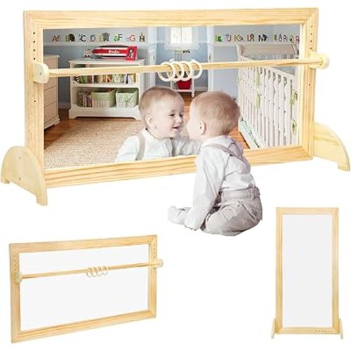 Montessori Mirror Baby Wall 3-in-1 Shatterproof Infant Coordination Mirror & Wooden Pull Up Bar - Enhance the baby's self-awareness and spatial sense，It is suitable for nurseries and home schools