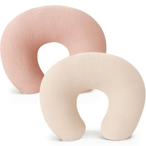Konssy 2-Pack Muslin Nursing Pillow Covers, Soft & Adorable Nursing Covers for Breastfeeding Pillows, Slipcovers for Newborn Boys & Girls(Cream, Pink)