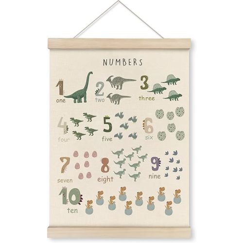 HRQKO Dinosaur Numbers Poster Hanger Frame, Dinosaur Wall Decor, Dinosaurs Edcational Poster Wall Art with Wooden Frames, Alphabet Banner Wall Hanging Decor for Boys Nursery Room Classroom,12x16 Inch