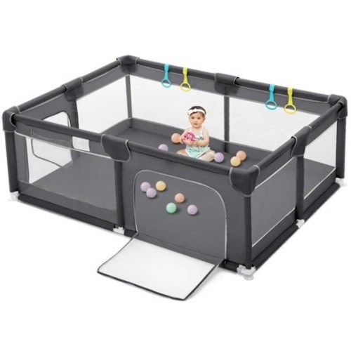 GOTGELIF 74"x50" 4-Panel Baby Playpen Spacious & Secure Portable Playard Dark Gray
