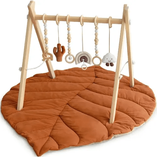 Razee Wooden Baby Play Gym Activity Mat, Leaf Shaped Play Mat Baby Gym with 6 Hanging Sensory Toys Foldable Baby Gym Newborn Infant Baby Use