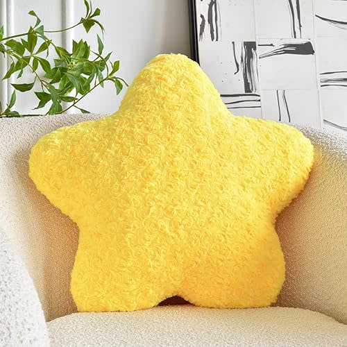 Star Pillow, 14.9" Star Shaped Plush Pillow for Couch Bed Sofa, Cute Decorative Throw Pillows with Soft Faux Fur Room Decor for Bedroom Living Room (Yellow)