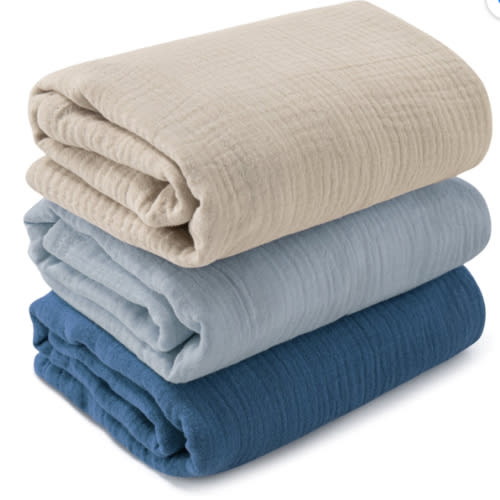GLLQUEN BABY Muslin Swaddle Blankets 3-Pack 38x40 Inches for Newborn Infants Blue