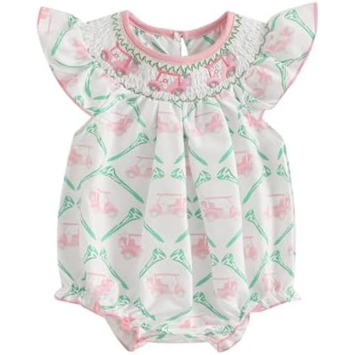Newborn Baby Girl Golf Outfit Smocked Golf Cart Bubble Romper Ruffle Onesie Bodysuit Infant Summer Clothes