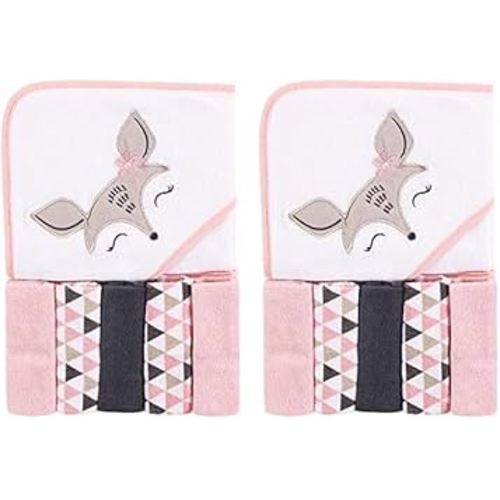 Luvable Friends Unisex Baby Hooded Towel with Five Washcloths, Deer, One Size (Pack of 2)
