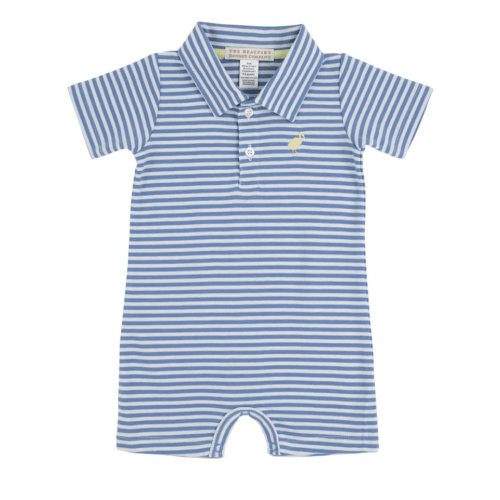 Sir Proper's Romper - Barbados Blue Stripe with Bellport Butter Yellow Stork