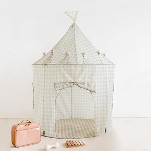 3 Sprouts Kids Play Tent - Sustainable Recycled Fabric – Fun Spacious Childs Playhouse for Indoor Games for Boys & Girls - Durable Fort Pop Up House for Toddlers & Children Age 3-10 - Gingham Beige