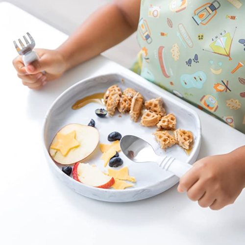 Bumkins Toddler and Baby Suction Plate, Silicone Grip Dish for Babies and Kids, Baby Led Weaning, Children Feeding Supplies, Non Skid Sticky Bottom, Platinum Silicone, Ages 6 Months Up, Marble - A3 Marble-GP - No Section