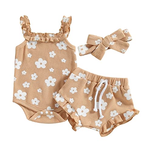 fhutpw Baby Girl Clothes Summer Cute Outfits 3 6 12 18 Months Spaghetti Strap Romper & Floarl Shorts Sets