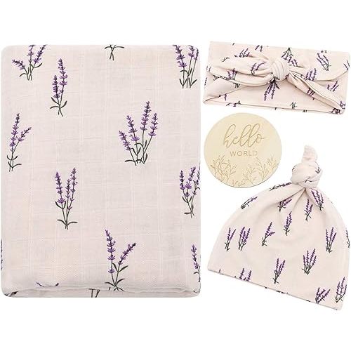 LifeTree Muslin Swaddle Blankets, Muslin Baby Boy Swaddle Blanket, Headband and Hat Set with Birth Announcement Card, Newborn Unisex Receiving Organic Cotton Blankets, Lavender Pattern