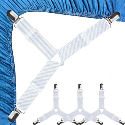 RZJZGZ 4Pcs Bed Fitted Sheet Straps Clips Adjustable Crisscross Sheets Clip Holder Fasteners Suspenders for Mattress Cushion Cribs Elastic Sheet Strap Fitted Sheet Corner Holder (White)