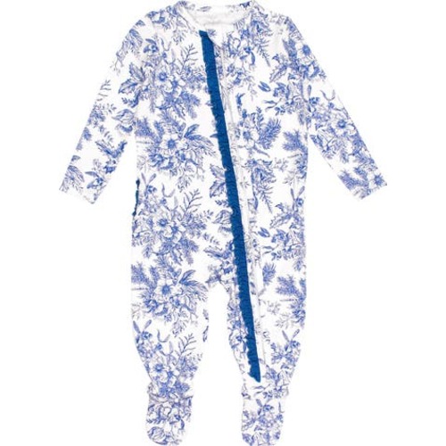 Winter Bliss Toile Ruffle Convertible Zip Footie, 0-3M