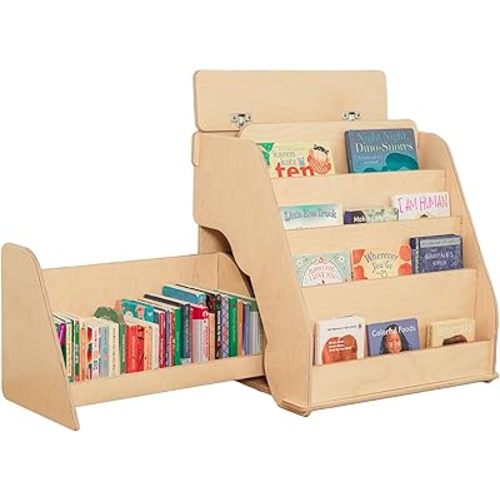 Montessori Bookshelf for Toddlers - Kids Front Facing Book Shelf with Hidden Drawer - Wooden Bookcase, Top Toy Storage Compartment (Right Sided Drawer)