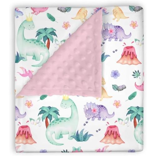 Mink Baby Blanket for Girls Dinosaur Lover Pink Purple, Tropical Dino Soft Lightweight Double Layer Dotted Backing Receiving Blankets, Newborn Infant Toddler Nursery Crib Bedding 30 x 40