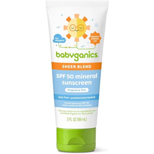 Babyganics SPF 50 Mineral Sunscreen Lotion, Sheer Blend, UVA UVB Protection, Octinoxate & Oxybenzone Free, Water Resistant, Fragrance Free, 3 oz