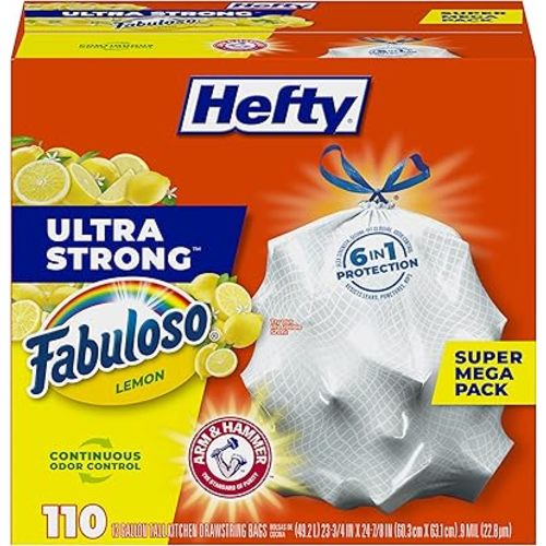 Hefty Ultra Strong 13 Gallon Trash Bags, Tall Kitchen Trash Bags 13 Gallon Size, Resist Leaks, Punctures, and Rips, Continuous Odor Control, White, Fabuloso Lemon Scent, 110 Bags