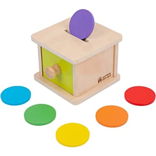 Adena Montessori Coin Box,Object Permanence Box Toys for 1 Year Old Baby Coins,Wooden Montessori Ball Drop Toys Developmental Toys for 6-12 Month Infant Toys,Learning Kids Gifts(Yellow-Green Door)