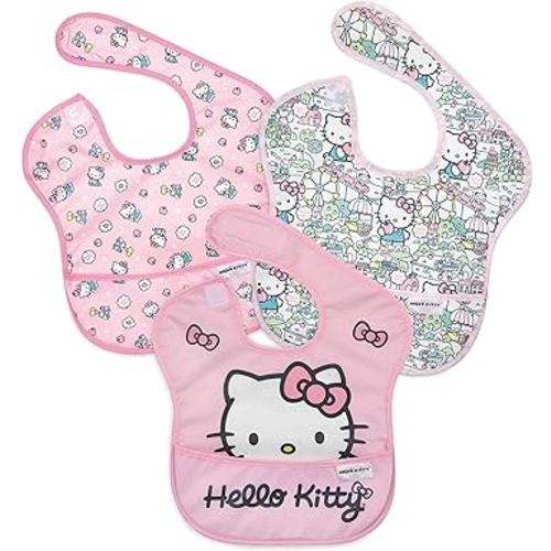Bumkins Bibs for Girl or Boy, SuperBib Baby and Toddler 6-24 Months, Essential Must Have for Eating, Feeding, Baby Led Weaning Supplies, Mess Saving Catch Food, Fabric 3-pk Hello Kitty Carnival