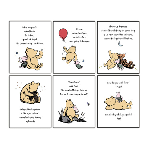 Winnie the Pooh Art Prints, Classic A.A. Milne Quote Posters, Baby Shower Gift, Nursery Wall Decor, Inspirational Room Decor for Kids Bedroom Playroom - 8'' X 10'' Set of 6 UNFRAMED Prints