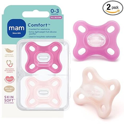 MAM Comfort Baby Pacifier 0-3 Months Specially for Smaller Newborn Mouths, Lightweight One-Piece BPA-Free Silicone, Easy to Clean, Best for Breastfed Babies, 2 Pk, Sterilizer Case, Made in Europe