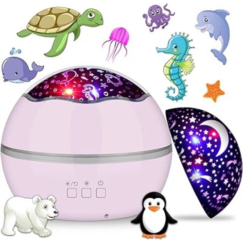 360° Rotating Night Light Star Projector for Kids Room, 2 in 1 Starry Sky and Sea World, Multi Colors Baby Bedroom Ceiling Wall Decor, Best Gift Boys Girls Birthday Festival (Pink)