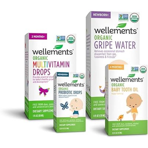 Wellements Organic Newborn Essentials Bundle | Organic Gripe Water 4 fl Ounce, Organic Multivitamin Drops 1 fl oz, Organic Baby Tooth Oil 0.5 fl oz, Organic Probiotic Drops 0.25 fl oz