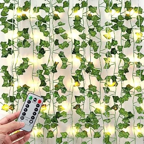 JACKYLED 80Ft 12 Pack Artificial Ivy Garland, Pothos Money Leaves with CE Certified 80 LED String Lights, Hanging Ivy Lights for Bedroom Garden Party Wall Room Decor